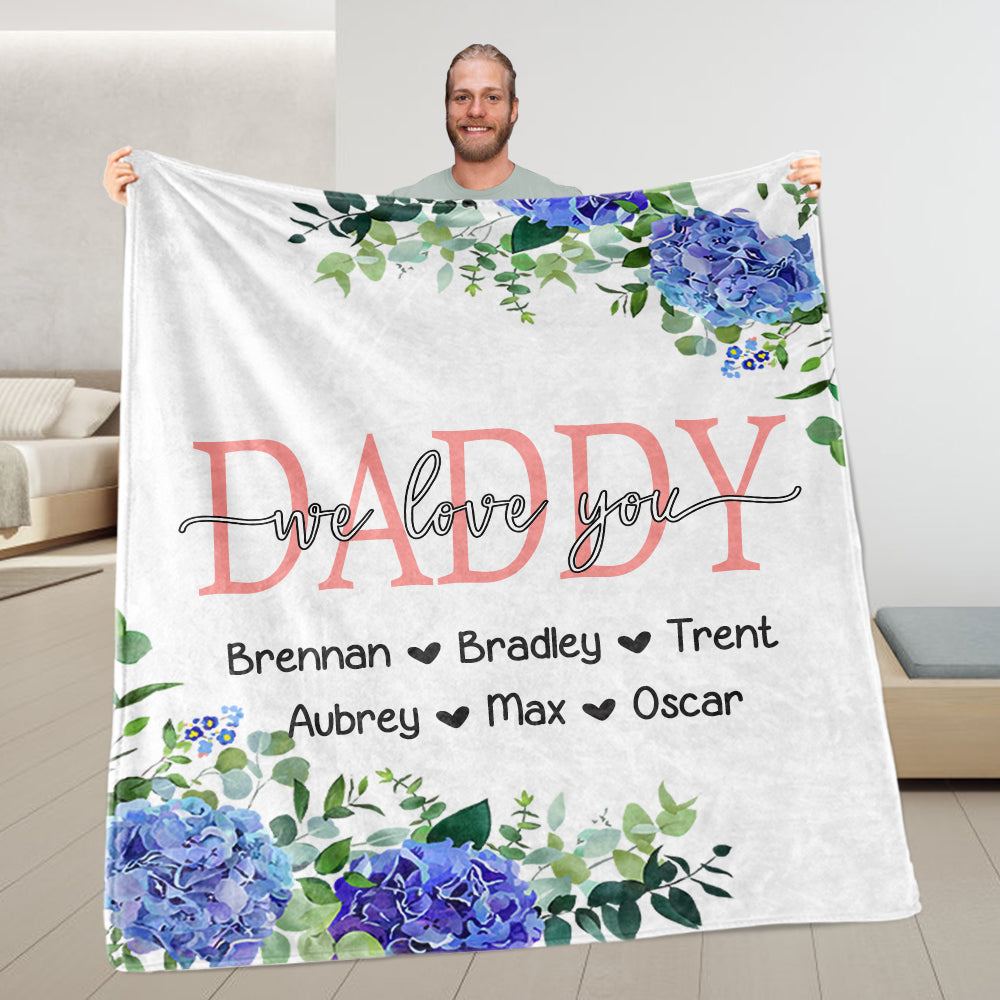 Custom Blue Floral Cozy Plush Fleece Blankets with Your Nick & Kids' Names